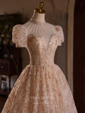 Blush Floral Lace Homecoming Dress Puffed Sleeve Tea-Length Dress hc321-Prom Dresses-vigocouture-Blush-Custom Size-vigocouture