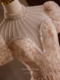 Blush Floral Lace Homecoming Dress Puffed Sleeve Tea-Length Dress hc321-Prom Dresses-vigocouture-Blush-Custom Size-vigocouture