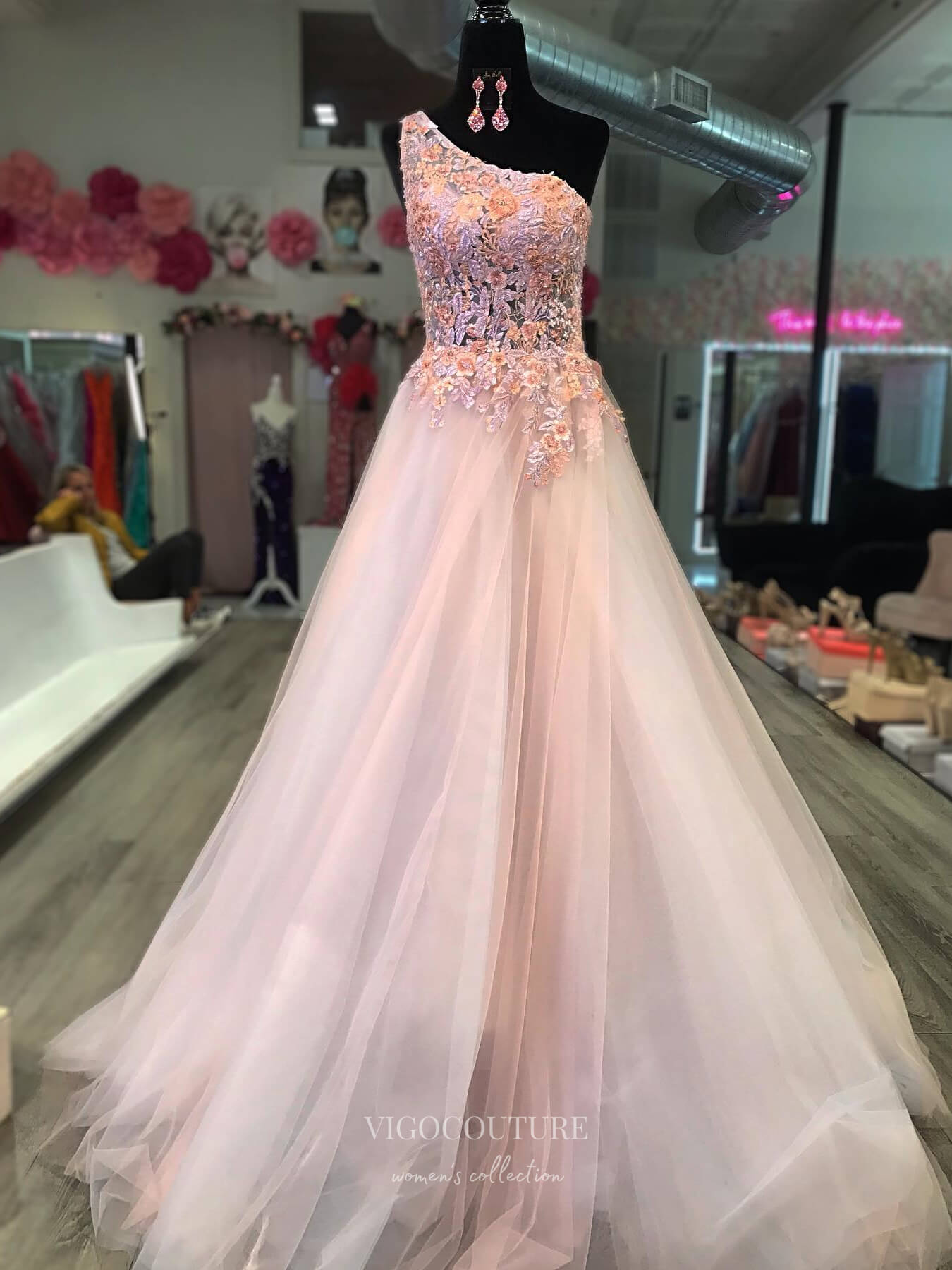 Blush Lace Applique Prom Dresses 2024 One Shoulder Sheer Bodice 24227-Prom Dresses-vigocouture-Blush-Custom Size-vigocouture