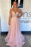 Blush Lace Applique Prom Dresses with Slit Plunging V-Neck Evening Dress 22010-Prom Dresses-vigocouture-Blush-US2-vigocouture