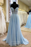 Blush Lace Applique Prom Dresses with Slit Plunging V-Neck Evening Dress 22010-Prom Dresses-vigocouture-Light Blue-US2-vigocouture