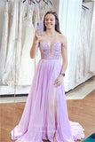 Blush Lace Applique Prom Dresses with Slit Plunging V-Neck Evening Dress 22010-Prom Dresses-vigocouture-Lilac-US2-vigocouture