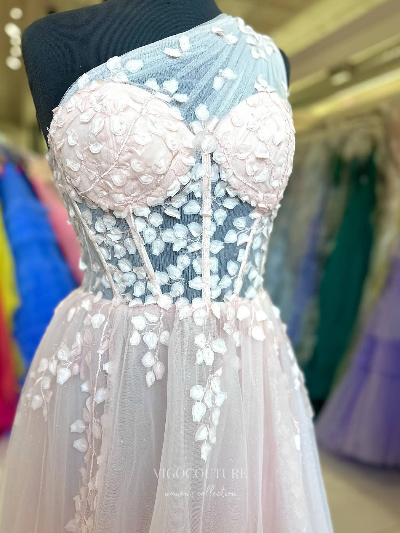 Blush One Shoulder Sparkly Tulle Prom Dresses Lace Applique Sheer Boned Bodice 24194-Prom Dresses-vigocouture-Blush-Custom Size-vigocouture