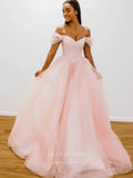 vigocouture-Blush Pink Off the Shoulder Prom Dresses Tulle A-Line Evening Dress 21769-Prom Dresses-vigocouture-