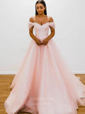 vigocouture-Blush Pink Off the Shoulder Prom Dresses Tulle A-Line Evening Dress 21769-Prom Dresses-vigocouture-