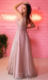 Blush Pink Shimmering Tulle Prom Dresses Plunging V-Neck Evening Dress 24013-Prom Dresses-vigocouture-Blush-Custom Size-vigocouture