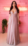 Blush Pink Shimmering Tulle Prom Dresses Plunging V-Neck Evening Dress 24013-Prom Dresses-vigocouture-Blush-Custom Size-vigocouture