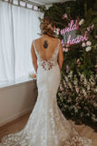 Boho Lace Applique Sheath Wedding Dress V-Neck Backless Bridal Gown W0133-Wedding Dresses-vigocouture-Ivory-US2-vigocouture