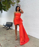 Orange High-Low Prom Dresses Strapless Satin Evening Dress 24030-Prom Dresses-vigocouture-Orange-Custom Size-vigocouture