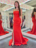 Bright Red Satin Mermaid Cheap Prom Dresses with Slit Strapless Pleated Bodice 24255-Prom Dresses-vigocouture-Red-Custom Size-vigocouture