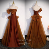 Brown Rose Bow Strapless Prom Dresses Satin Mermaid Formal Gown 24426