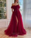 Burgundy 3D Flower Prom Dresses with Slit Off the Shoulder Floral Formal Dress with Pockets 24495
