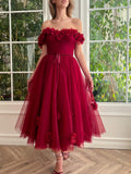 Burgundy 3D Flower Prom Dresses with Slit Off the Shoulder Floral Maxi Dress 24494