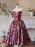 Burgundy Floral Print Satin Homecoming Dress Strapless Tea-Length Dress hc332-Prom Dresses-vigocouture-Burgundy-Custom Size-vigocouture