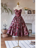 Burgundy Floral Print Satin Homecoming Dress Strapless Tea-Length Dress hc332-Prom Dresses-vigocouture-Burgundy-Custom Size-vigocouture