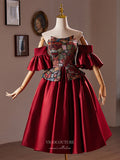 Burgundy Jacquard Satin Homecoming Dress Puffed Sleeve Back to School Dress hc346