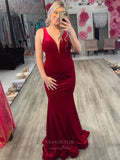 Burgundy Mermaid Velvet Cheap Prom Dresses 2024 Plunging V-Neck 24256-Prom Dresses-vigocouture-Burgundy-Custom Size-vigocouture