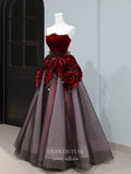 Burgundy Rosette Prom Dresses 2025 Strapless Sparkly Tulle Ball Gown 25057-Prom Dresses-vigocouture-Burgundy-Custom Size-vigocouture