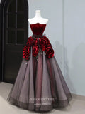 Burgundy Rosette Prom Dresses 2025 Strapless Sparkly Tulle Ball Gown 25057-Prom Dresses-vigocouture-Burgundy-Custom Size-vigocouture