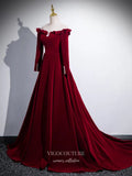 Burgundy Ruffle Long Sleeve Prom Dresses 2025 Velvet Off the Shoulder Formal Gown 25070-Prom Dresses-vigocouture-Burgundy-Custom Size-vigocouture