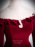 Burgundy Ruffle Long Sleeve Prom Dresses 2025 Velvet Off the Shoulder Formal Gown 25070-Prom Dresses-vigocouture-Burgundy-Custom Size-vigocouture