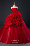 Burgundy Ruffled Rose Formal Dress Strapless A-Line Prom Ball Gown 21675