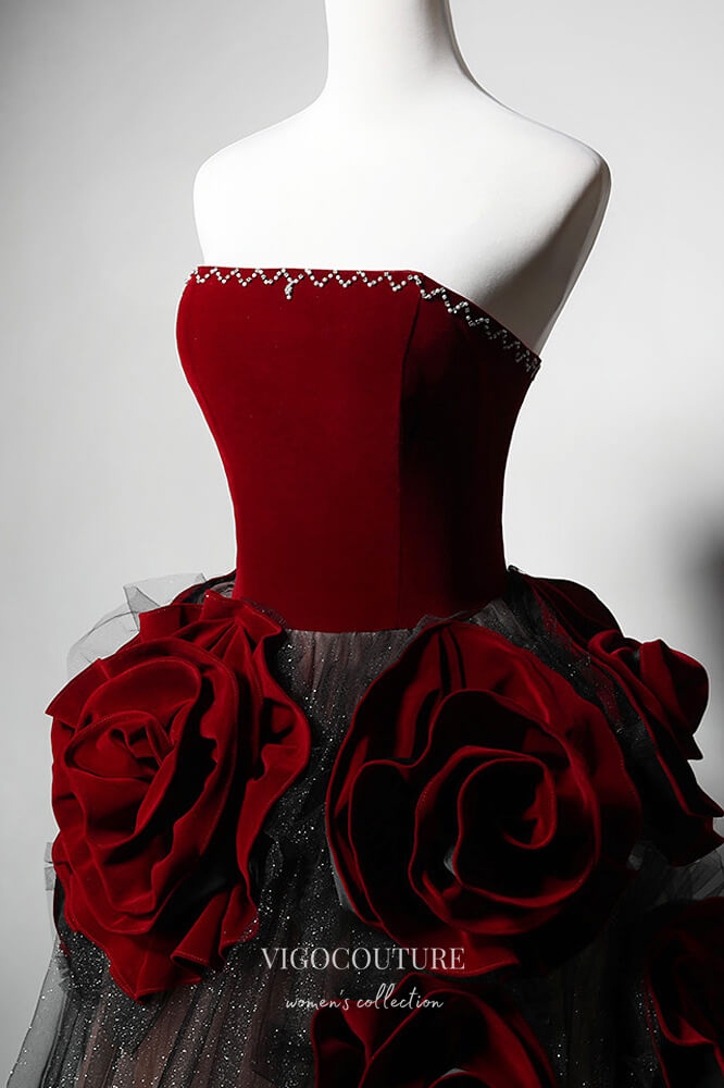 Burgundy Strapless Rosette Prom Dress 22373-Prom Dresses-vigocouture-Burgundy-Custom Size-vigocouture