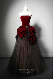 Burgundy Strapless Rosette Prom Dress 22373
