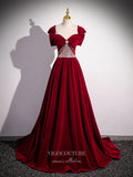 Burgundy Velvet Beaded Bow Tie Prom Dresses Convertible Formal Gown 24422