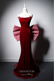 Burgundy Velvet Mermaid Prom Dresses with Bow-Tie 22366