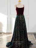 Burgundy Velvet Spaghetti Strap Prom Dresses 2025 Sequin Evening Dress 25055