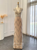 Champagne Beaded String Prom Dresses Cap Sleeve V-Neck Pageant Dress 24453