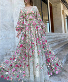 Champagne Floral Lace Prom Dresses Sheer Long Sleeve V-Neck 24478