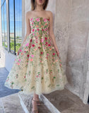 Champagne Floral Lace Prom Dresses Strapless Maxi Dress 24480
