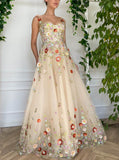 Champagne Floral Lace Prom Dresses with Pockets and Slit Spaghetti Strap 24473