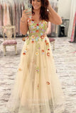 Champagne Lace Applique Prom Dresses Floral Spaghetti Strap Evening Dress 22013-Prom Dresses-vigocouture-Champagne-US2-vigocouture