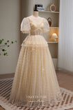 Champagne Pleated Tulle Prom Dress with Puffed Sleeve 22384-Prom Dresses-vigocouture-Champagne-Custom Size-vigocouture