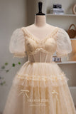 Champagne Pleated Tulle Prom Dress with Puffed Sleeve 22384-Prom Dresses-vigocouture-Champagne-Custom Size-vigocouture