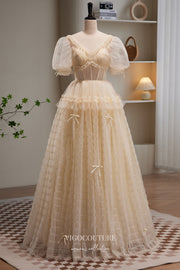 Champagne Pleated Tulle Prom Dress with Puffed Sleeve 22384