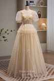 Champagne Pleated Tulle Prom Dress with Puffed Sleeve 22384-Prom Dresses-vigocouture-Champagne-Custom Size-vigocouture