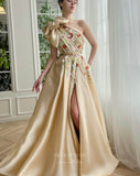 Champagne Satin Floral Lace Prom Dresses with Pockets Bow One Shoulder Gown with Slit 24472