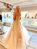 Champagne Shimmering Tulle Prom Dresses Strapless Lace Applique 24116-Prom Dresses-vigocouture-Champagne-Custom Size-vigocouture