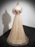 Champagne Sparkly Bow Tie Prom Dresses Spaghetti Strap Evening Dress 24419-Prom Dresses-vigocouture-Champagne-Custom Size-vigocouture