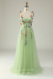 Cute Floral Spaghetti Strap Prom Dresses Lace Applique Formal Gown 24536-Prom Dresses-vigocouture-Light Green-Custom Size-vigocouture