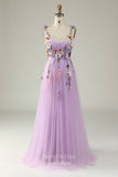 Cute Floral Spaghetti Strap Prom Dresses Lace Applique Formal Gown 24536-Prom Dresses-vigocouture-Lilac-Custom Size-vigocouture