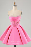 Cute Fuchsia A Line Sweetheart Corset Homecoming Dresses Satin Back to School Dress hc368-Prom Dresses-vigocouture-Pink-Custom Size-vigocouture