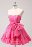 Cute Hot Pink Bow Homecoming Dresses Shimmering Satin Back to School Dress hc371-Prom Dresses-vigocouture-Hot Pink-Custom Size-vigocouture