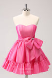 Cute Hot Pink Bow Homecoming Dresses Shimmering Satin Back to School Dress hc371-Prom Dresses-vigocouture-Hot Pink-Custom Size-vigocouture