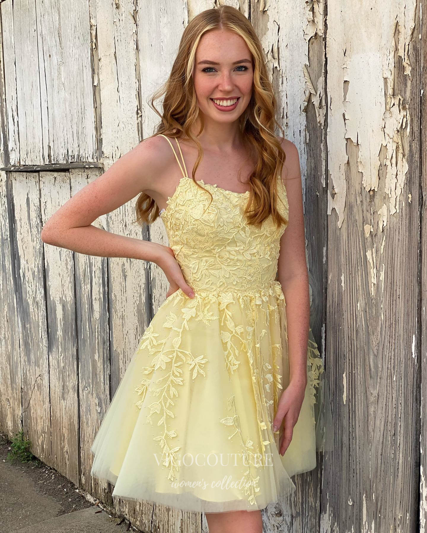 Cute Lace Applique Homecoming Dress with Spaghetti Strap hc257-Prom Dresses-vigocouture-Yellow-US0-vigocouture