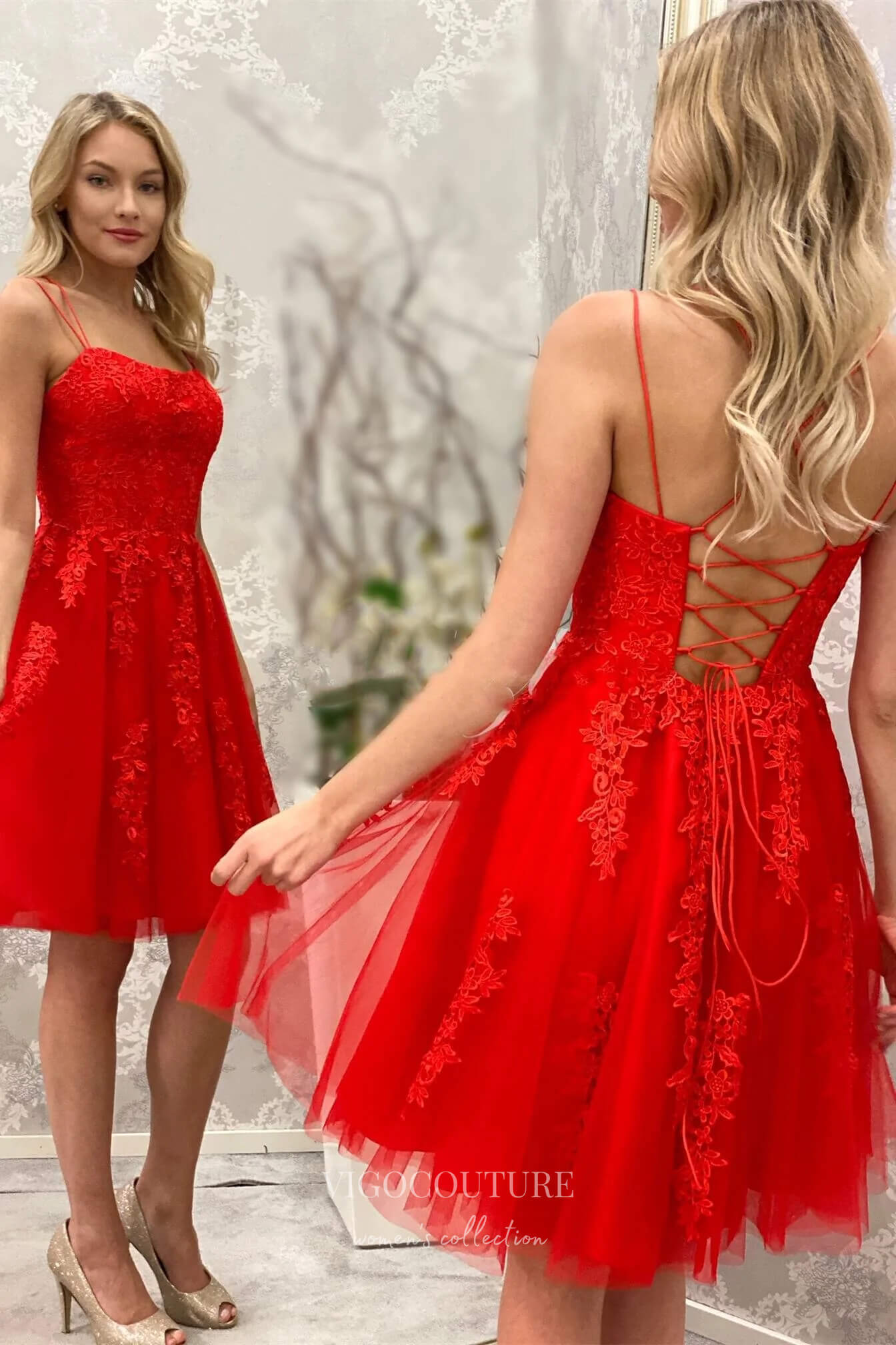 Cute Lace Applique Homecoming Dress with Spaghetti Strap hc265-Prom Dresses-vigocouture-Red-US0-vigocouture